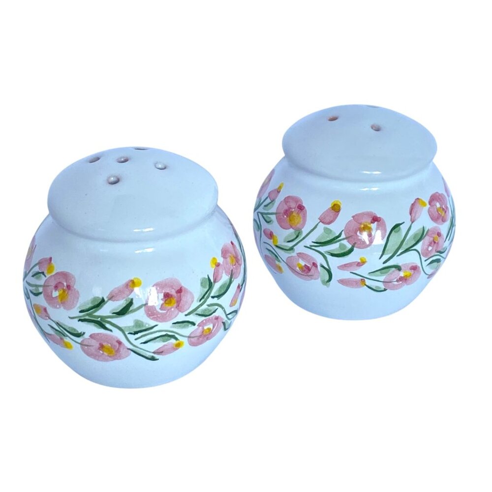 Hand-Painted Ceramic Salt & Pepper Shakers With Pink Floral Roses Design